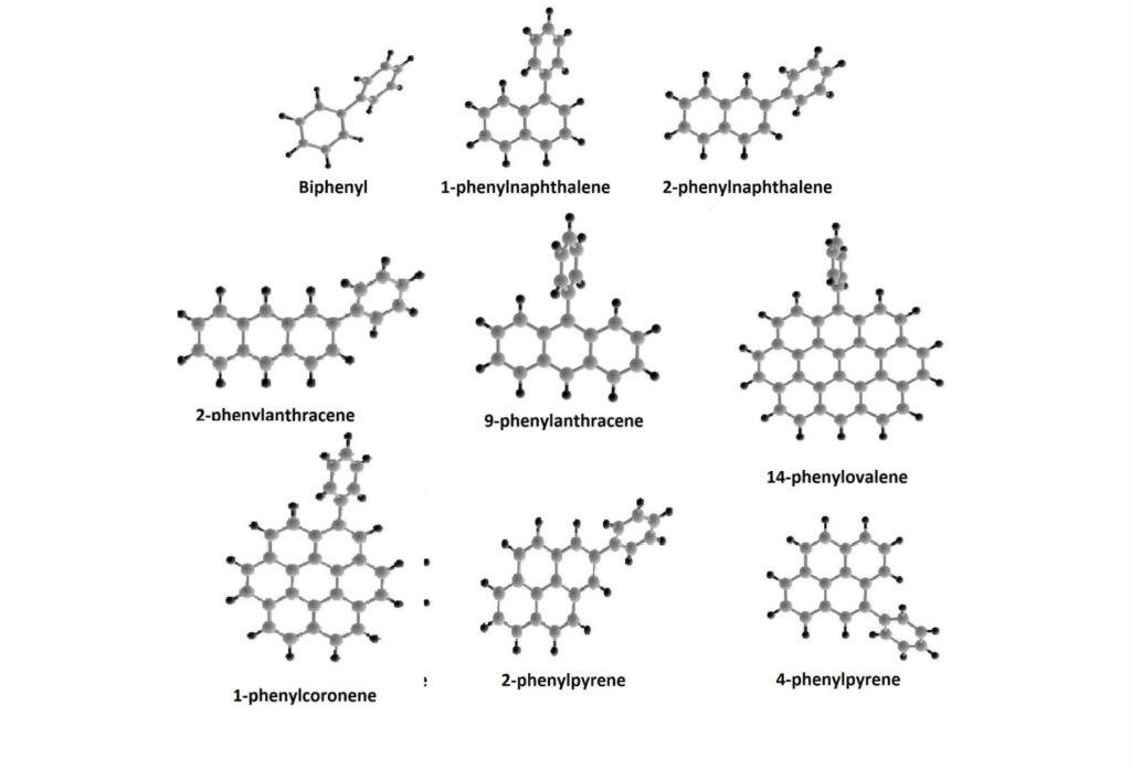 Study Of Vibrational Spectra Of Polycyclic Aromatic Hydrocarbons With Phenyl Side Group<br>Molecular structures of the studied phenyl-PAHs