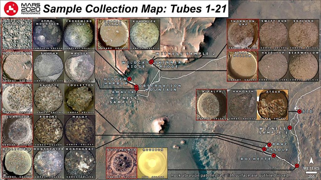 Map of Mars Perseverance Rover’s 21 Sample Sites