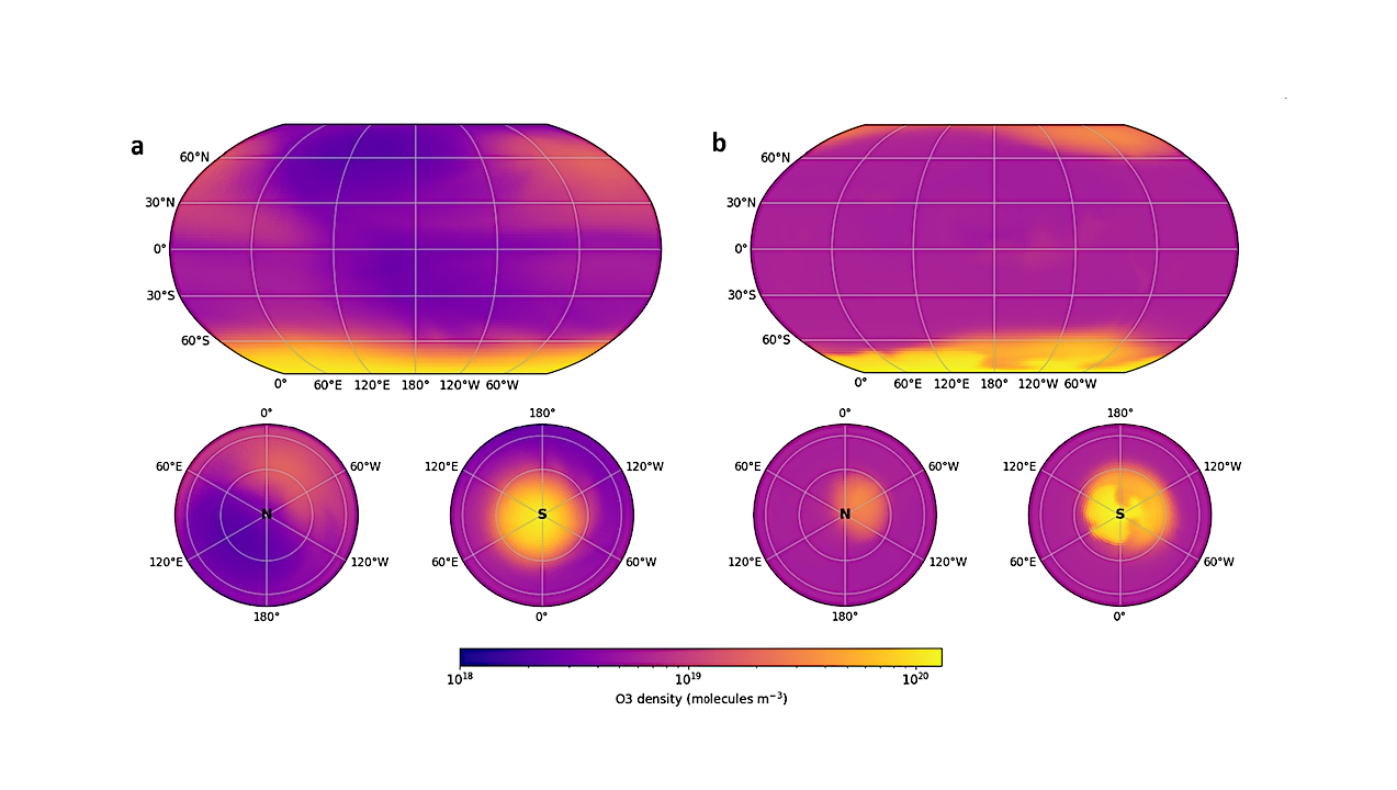 Asimmetria nella distribuzione dell'ozono simulata su TRAPPIST-1e dovuta alla topografia