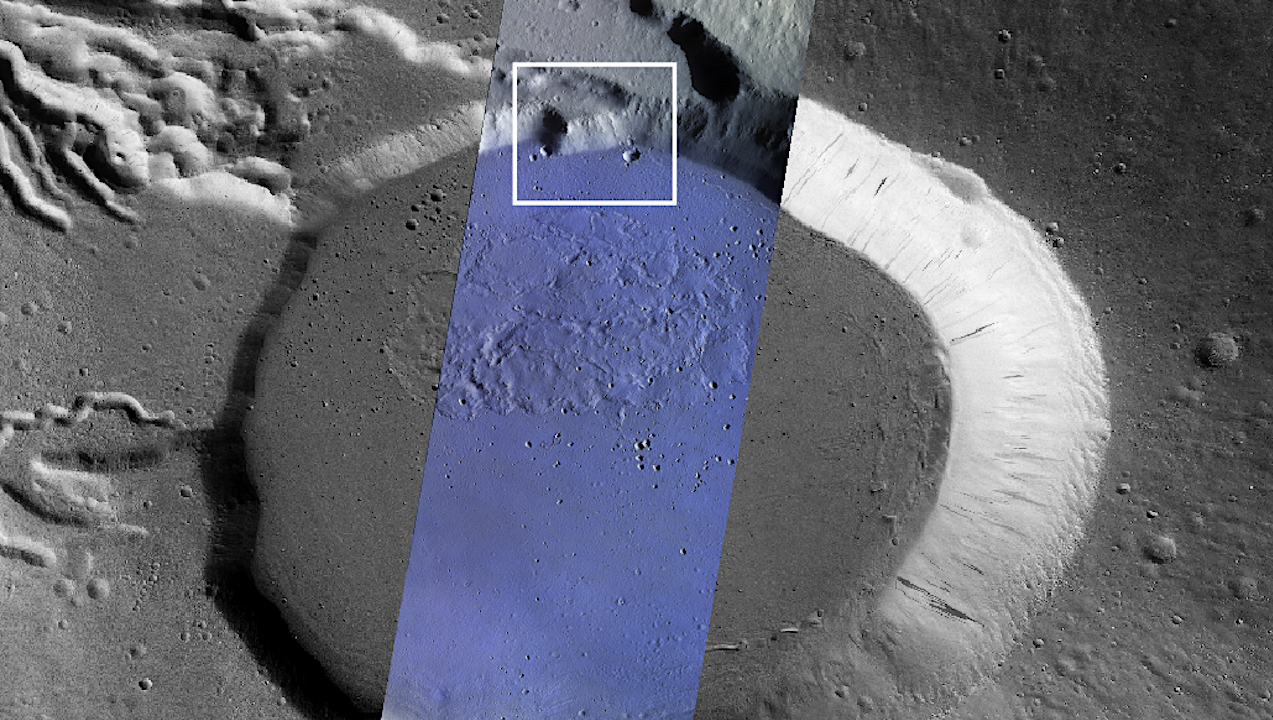 ExoMars 탐사선은 Seraonios 화산인 Tholos의 칼데라 바닥에서 얼어붙은 물을 감지합니다.