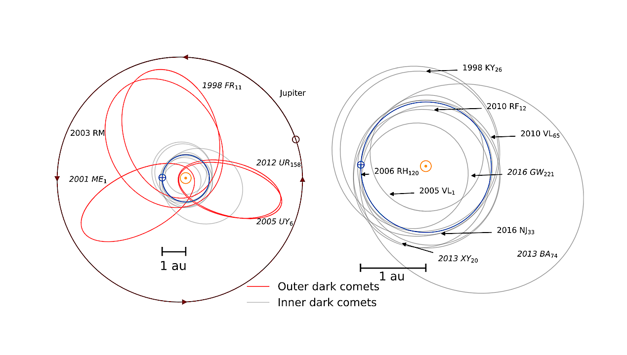 Two Distinct Populations of Dark Comets Delineated by Orbits and Sizes