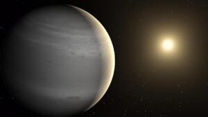 Artist's impression of a gas giant planet orbiting its distant host star. New research, led by astronomers at Penn State and the Jet Propulsion Laboratory, used NASA’s James Webb Space Telescope to analyze the atmosphere of a gas giant planet about the size of Saturn but with Earth-like temperatures and found it to be rich in methane. Credit: NASA/JPL-Caltech.